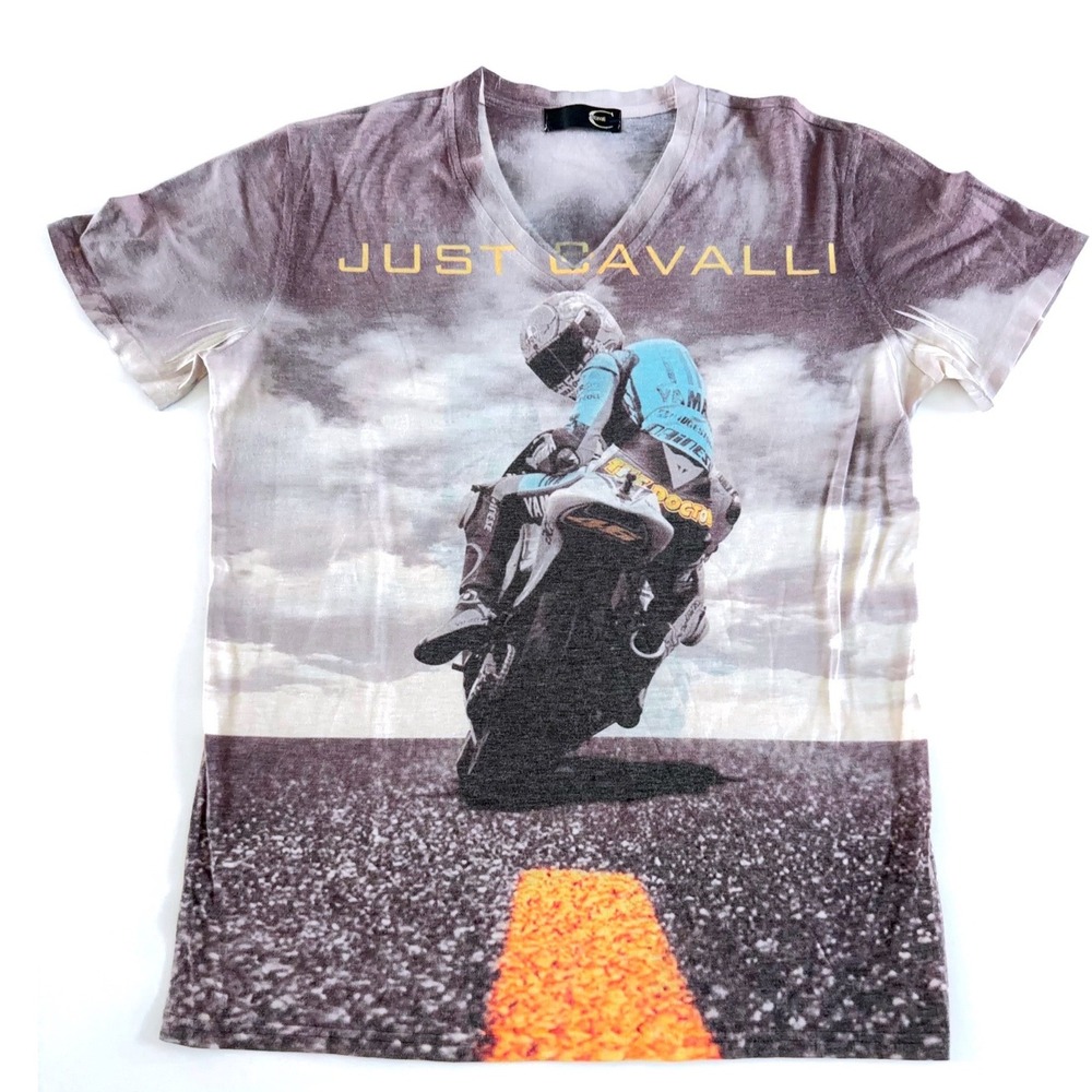 Roberto Cavalli Mens Motorcycle Graphic V-Neck T-Shirt Gray XXL Short Sleeve Tee